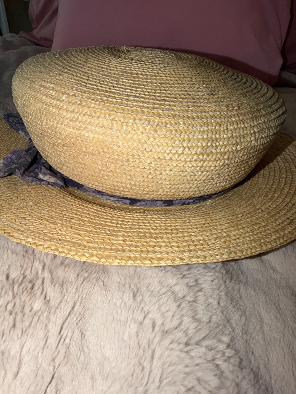 April Cornell Vintage Natural Straw Boater Hat with Blue Floral Bow - Picture 12 of 13